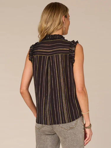 Back image of Democracy black striped ruffle detail tank.