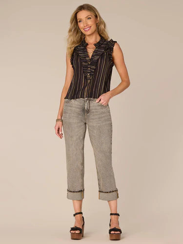 Front image of Democracy black striped ruffle detail tank.