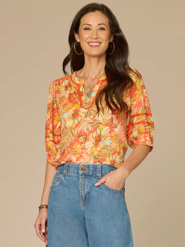 Mandarin Collar Half Placket Floral Print Knit Top