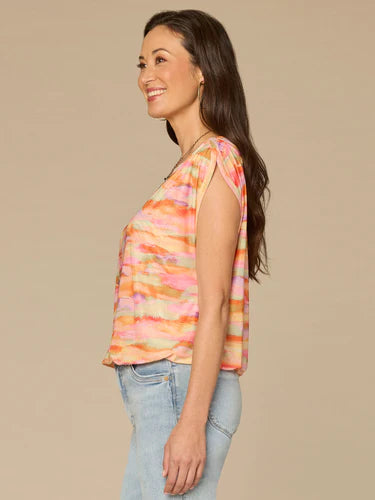 Boat Neck Bubble Hem Printed Knit Top