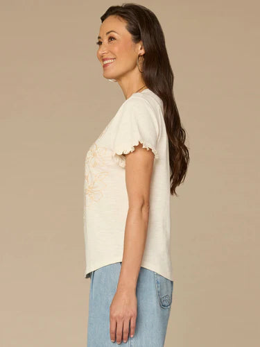 Short Ruffle Sleeve Crew Neck Floral Embroidered Knit Top