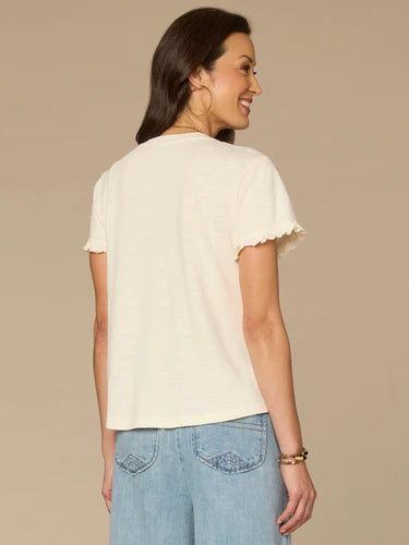 Short Ruffle Sleeve Crew Neck Floral Embroidered Knit Top
