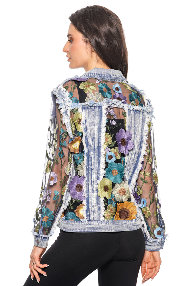 Long Sleeve Denim Jacket with Sheer Embroidery