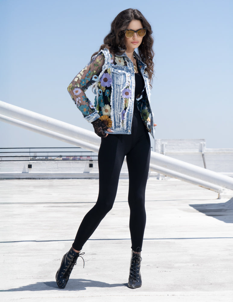 Long Sleeve Denim Jacket with Sheer Embroidery