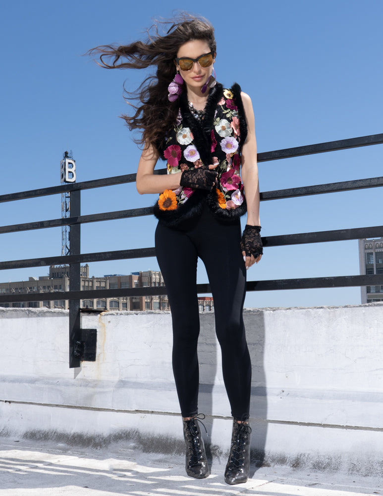 Black Fur Flower Detail Vest