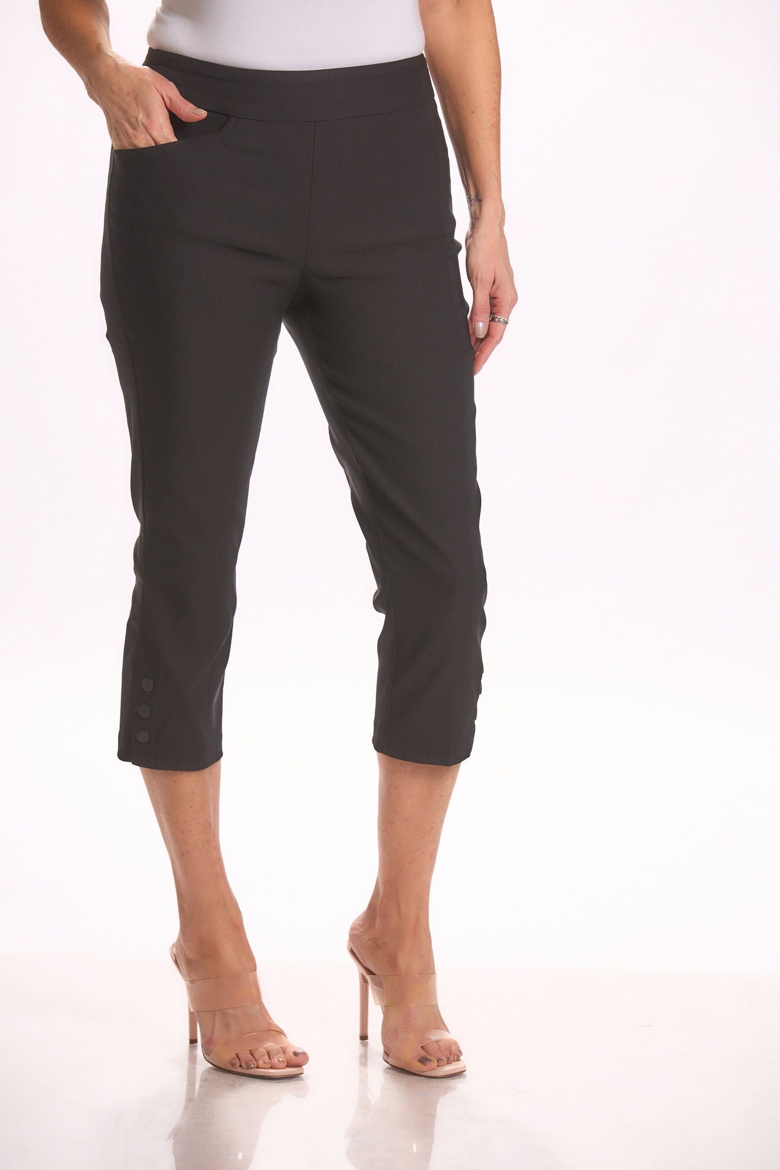 Front image of Tribal pull on black capri bottoms with side snap. Black basic everyday bottoms.