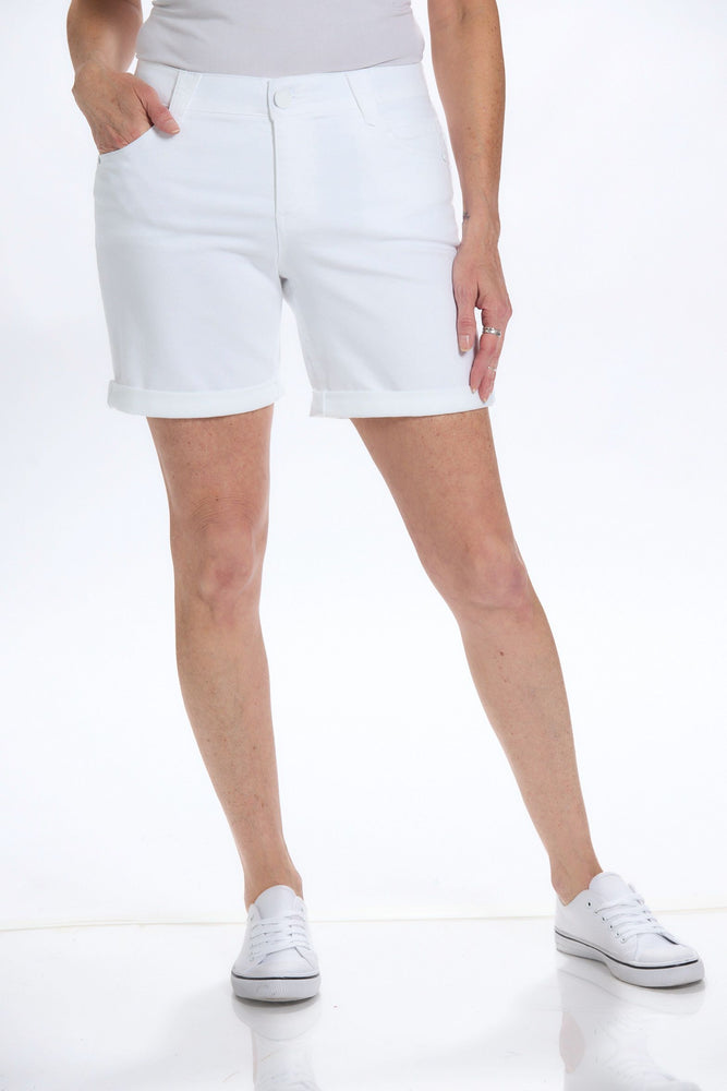 Front image of white Democracy 7 inch shorts. 