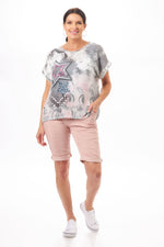 Full front  view of grey and pink Short Sleeve Star Print T-Shirt