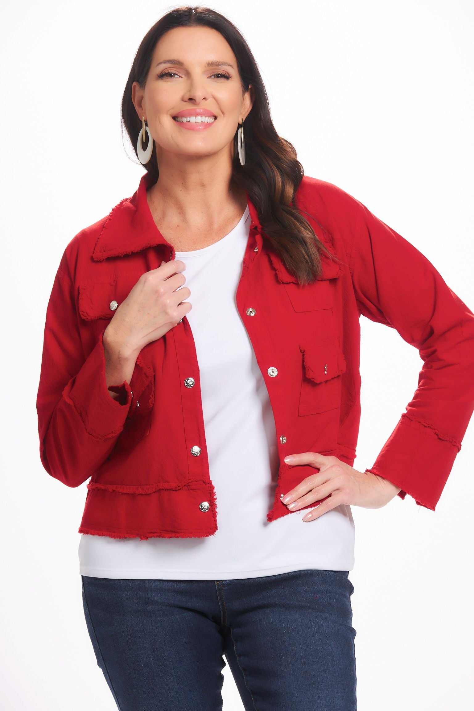 Front image of Giocam Gio jacket. Red long sleeve jacket