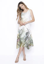 Front image of Picadilly sleeveless asymmetric hemline dress. Printed dress. 