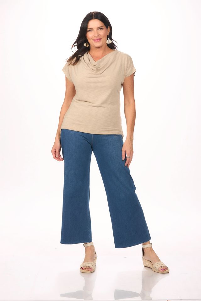 Front image of Nally & millie cap sleeve cowl neck top in khaki.