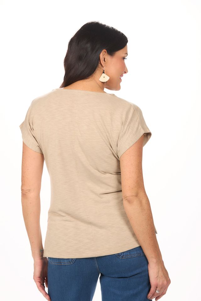 Back image of Nally & millie cap sleeve cowl neck top in khaki.