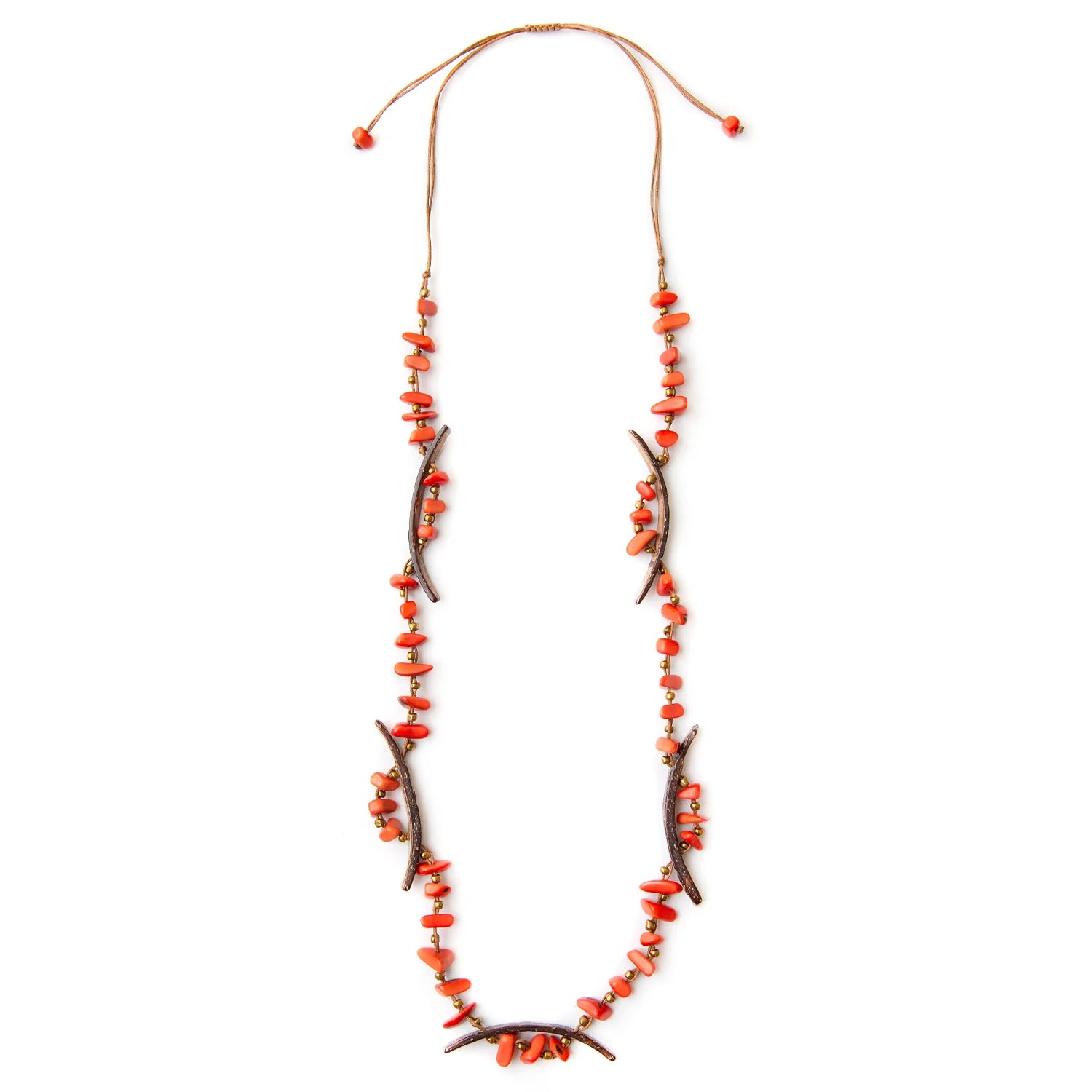 Front image of Quintana Necklace. Poppy coral bright long necklace by Tagua.