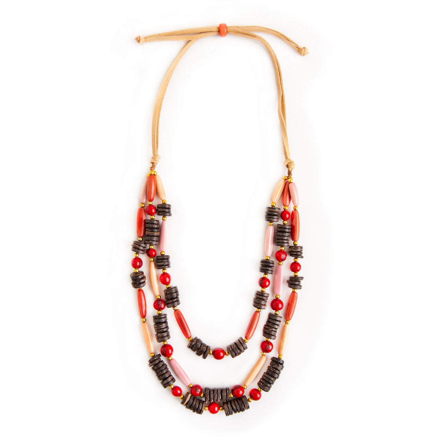 Front image of Tagua Phoebe necklace. Poppy coral handmade necklace.