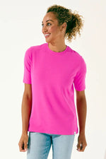 Front image of Coolibar everyday short sleeve t-shirt. Magnolia pink short sleeve shirt. 