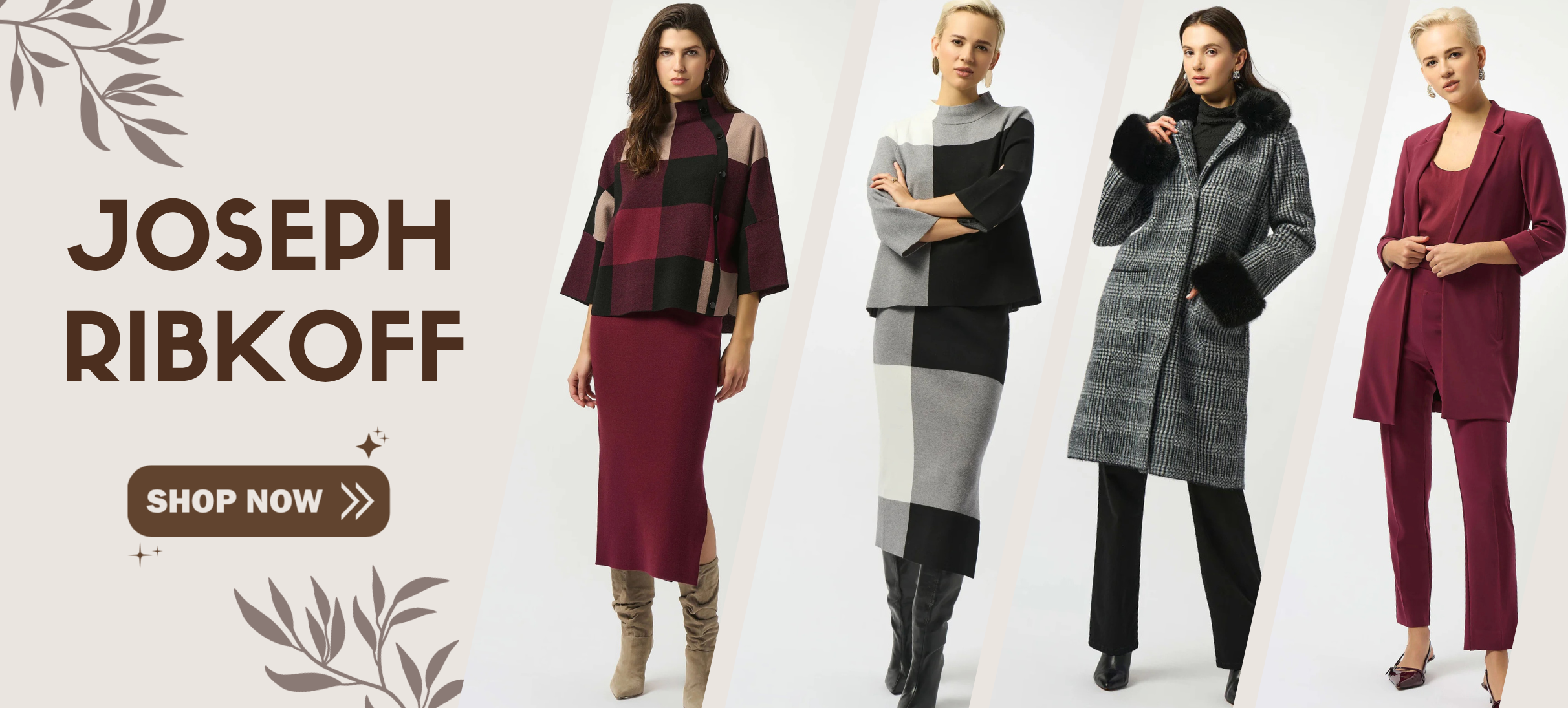 Four women modeling clothing from Joseph Ribkoff with a 'Shop Now' button.