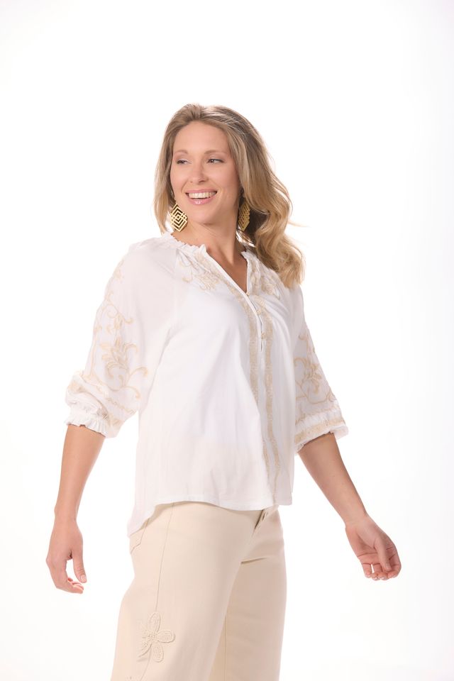 Blouson Sleeve Ruffle Neck Embroidered Top