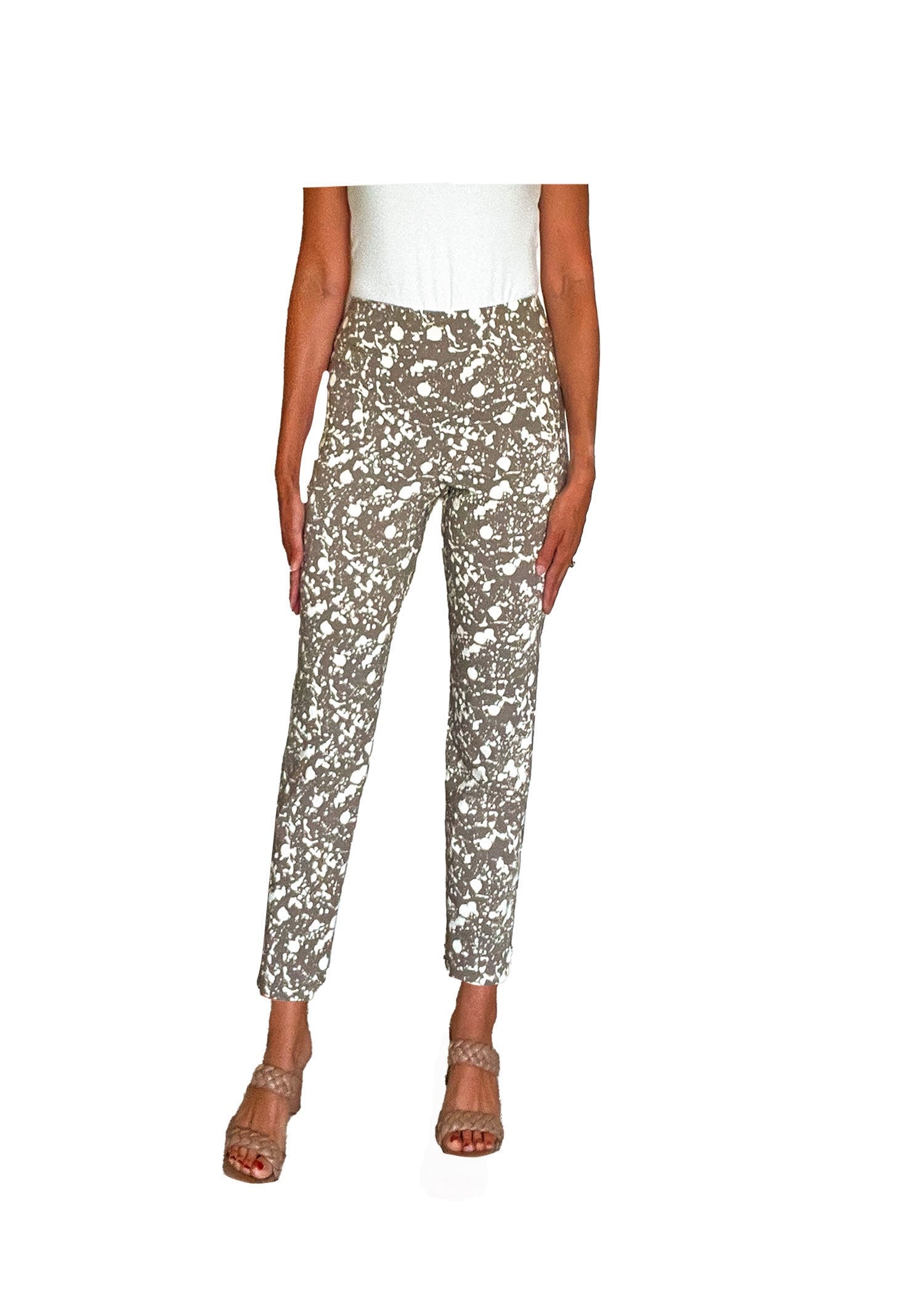 Front image of Krazy Larry ankle pants in military splatter.