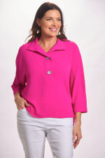 Front image of berry color 2 button airflow top wit 3/4 sleeve 