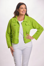 Front image lime green lightweight snap front long sleeve jacket