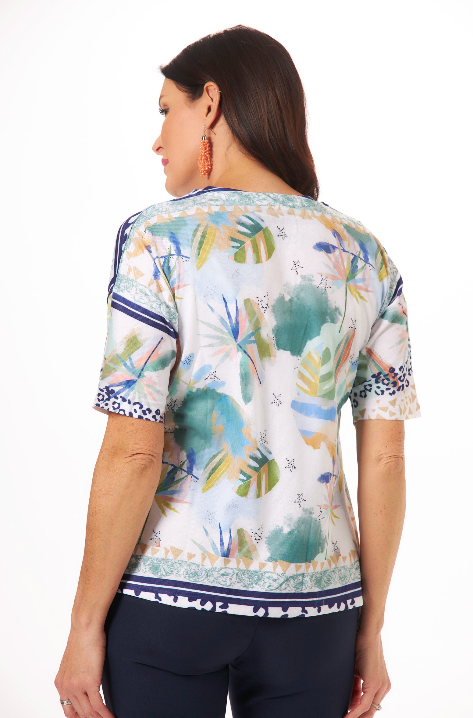 image of short sleeve tie top with leaves pattern