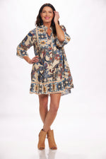 Full front image of blue flower button down dress. Flower printed dress made in italy. 