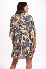 Back image of blue flower button down dress. Flower printed dress made in italy. 