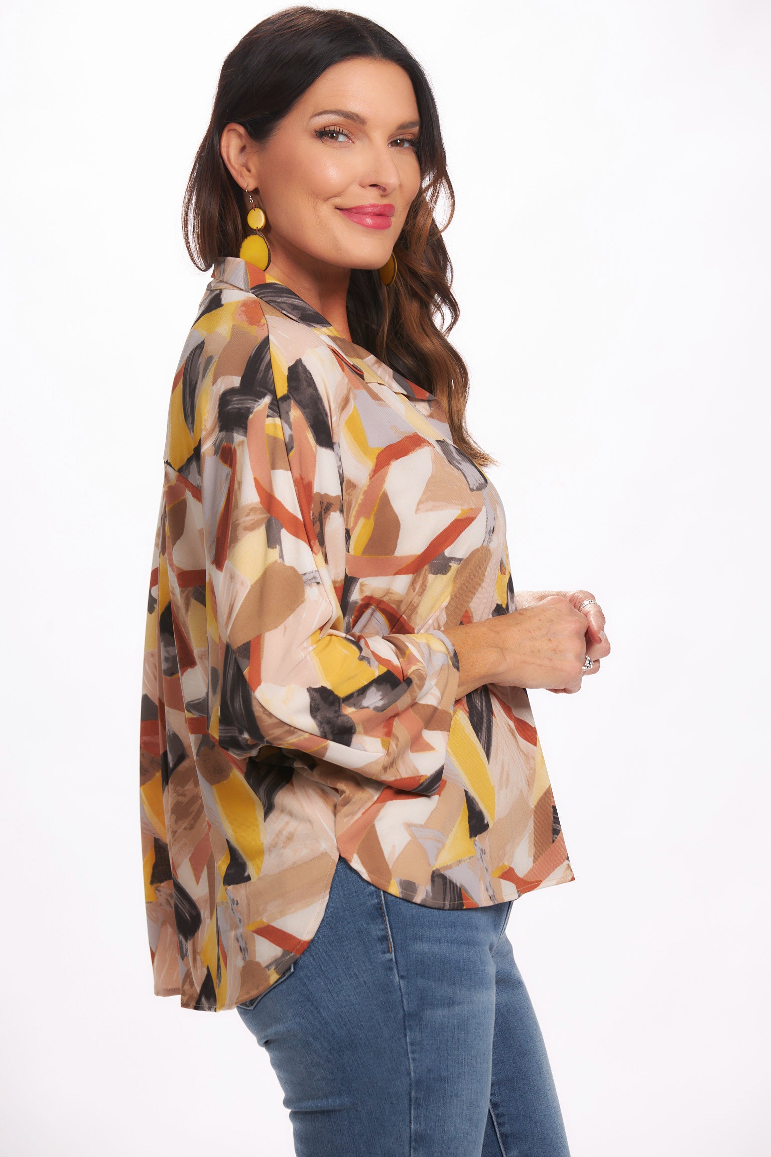 side view 2 button 3/4 sleeve air flow top sand and wine color