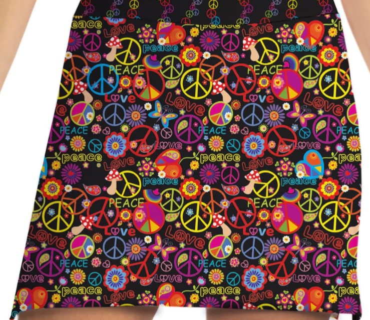 Front image of Skort Obsession peace out print skort. Black and multi printed pull on skort.