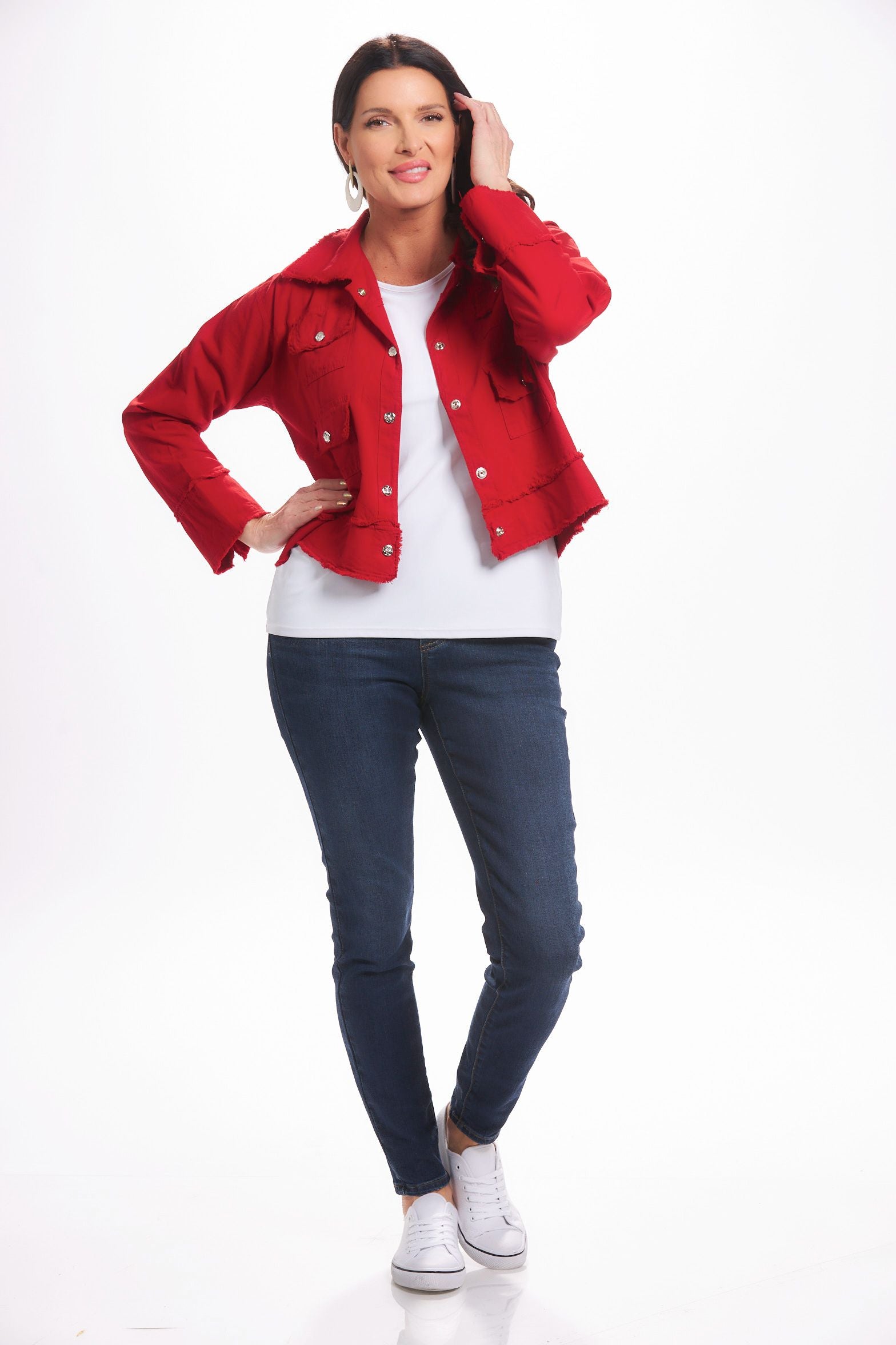 Front image of Giocam Gio jacket. Red long sleeve jacket