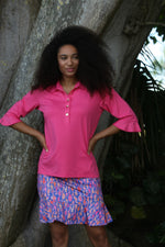 Front image of AnaCalre mira ruffle sleeve top. Hot pink collared top. 