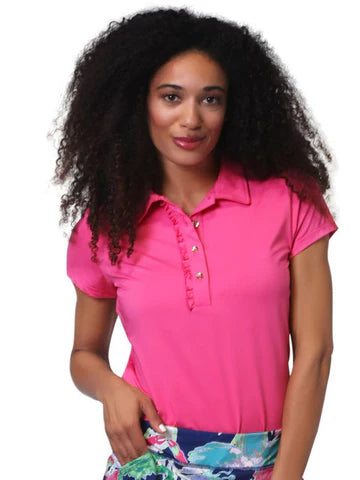 Front image of Anaclare hot pink lizzie polo top.
