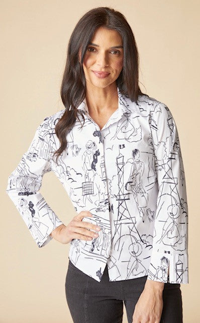 Long Sleeve Button Front Travel Print Shape Shirt