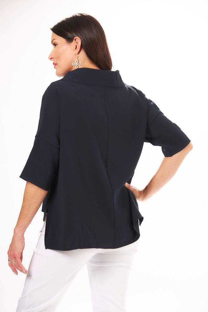 Back View Image of Suzy D London Navy High Low cowl neck top. Cowl Neck Top
