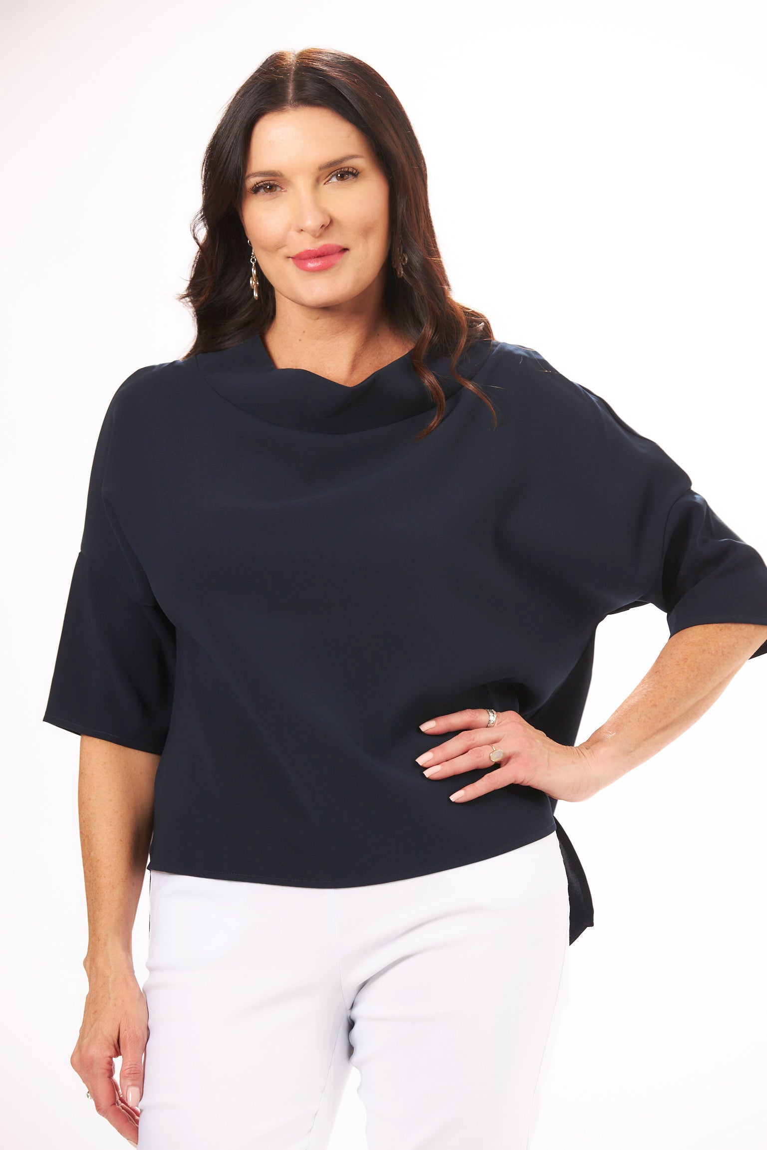 Front View Image of Suzy D London Navy High Low cowl neck top. Cowl Neck Top