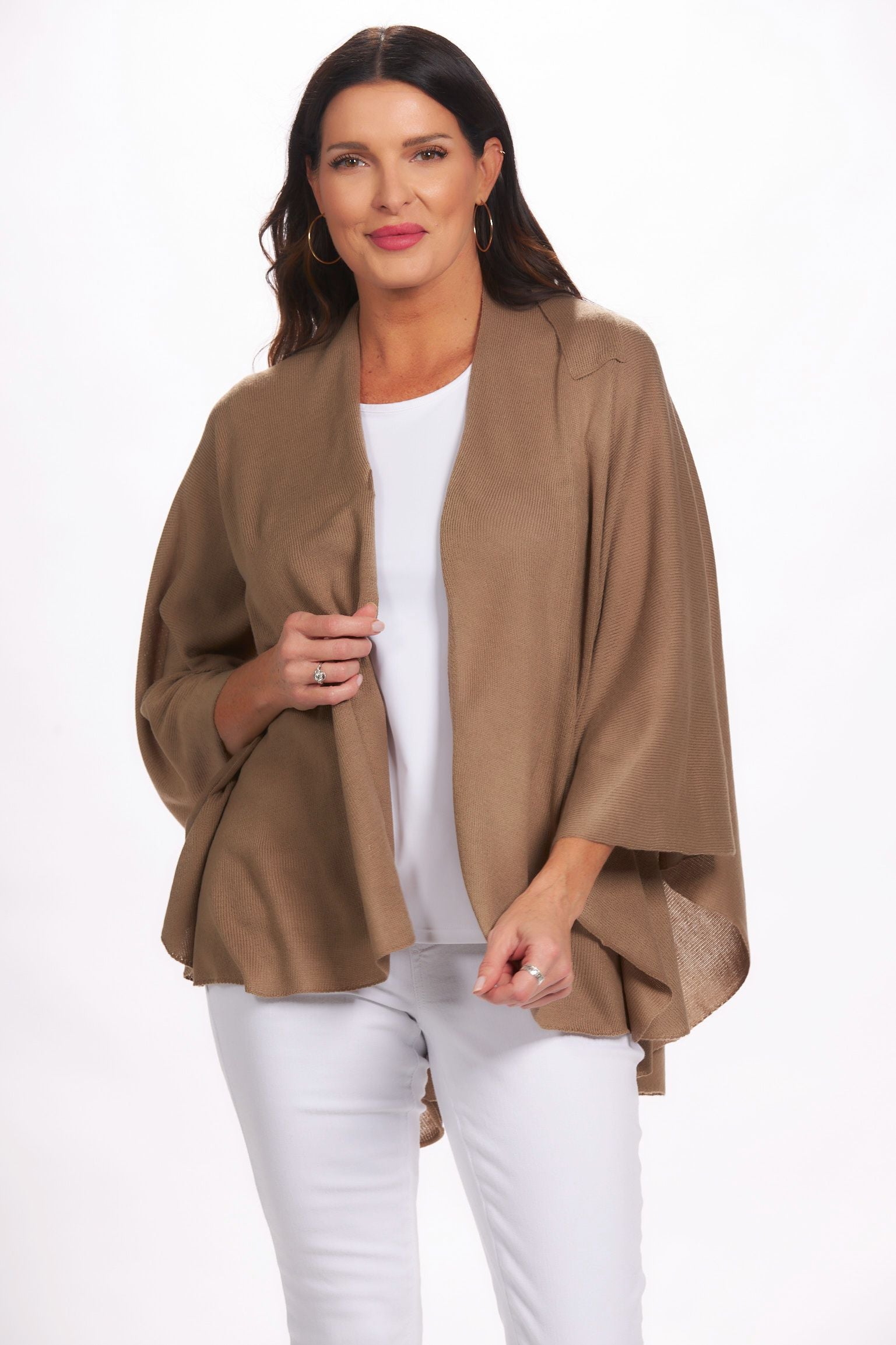 Front image of Magic Scarf loop pull through wrap. Tan open cardigan.