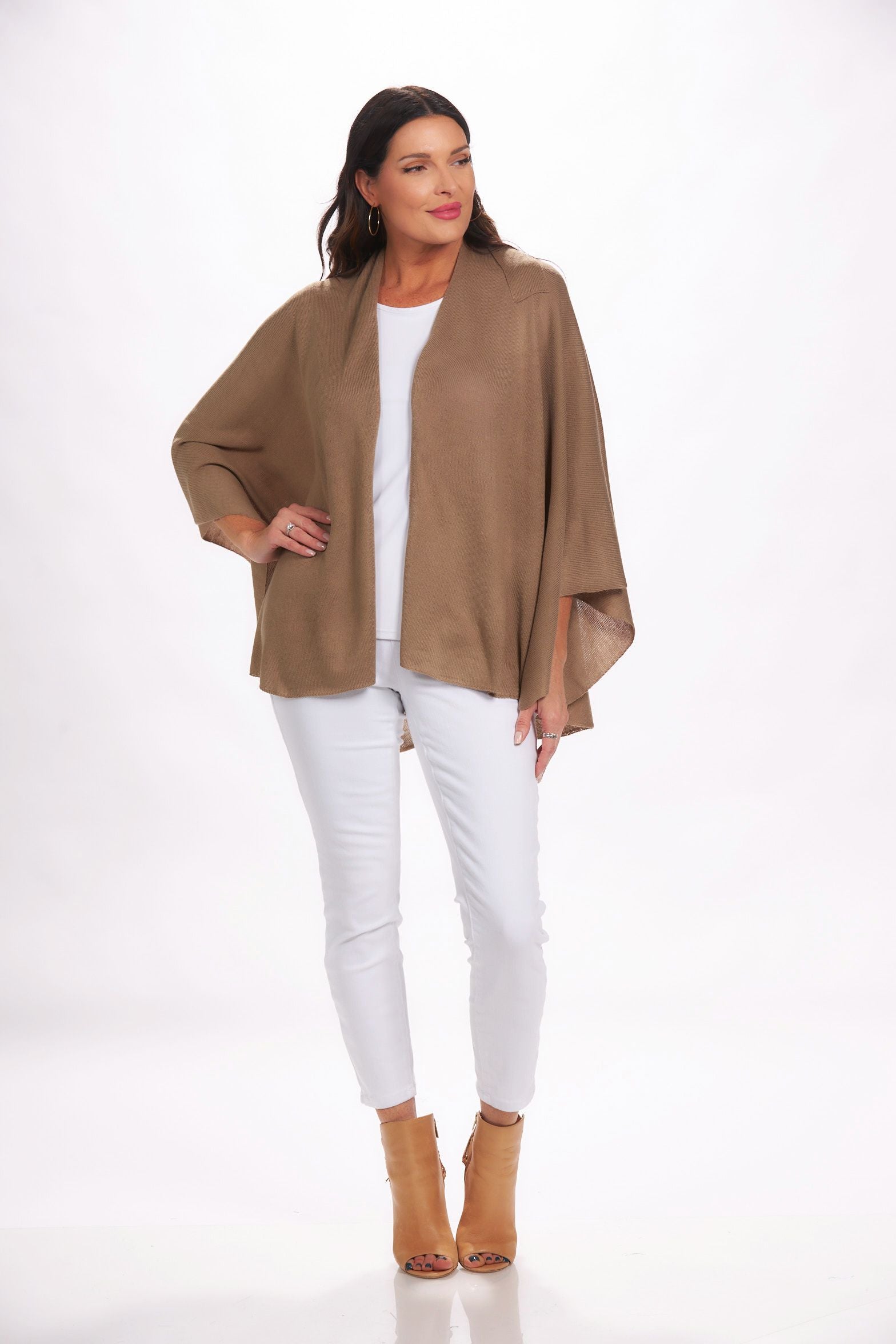 Front image of Magic Scarf loop pull through wrap. Tan open cardigan.