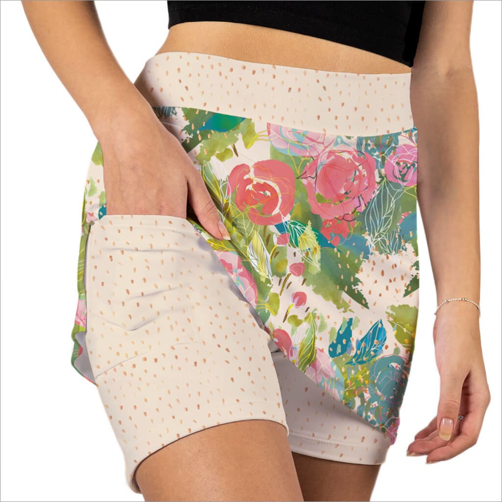 Front underside image of rose print skort with pocket