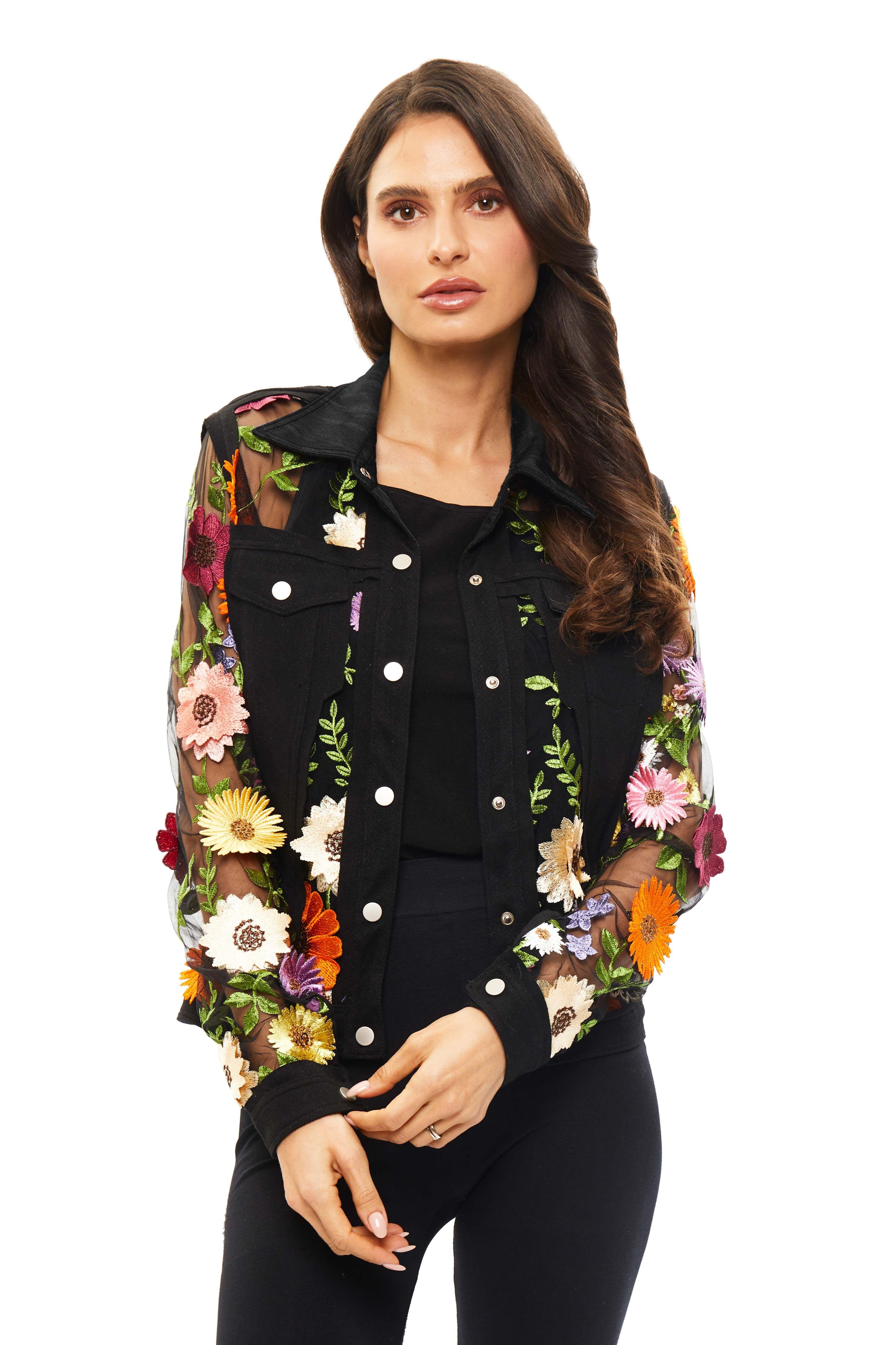 Front image of Adore black flower embroidered jacket.
