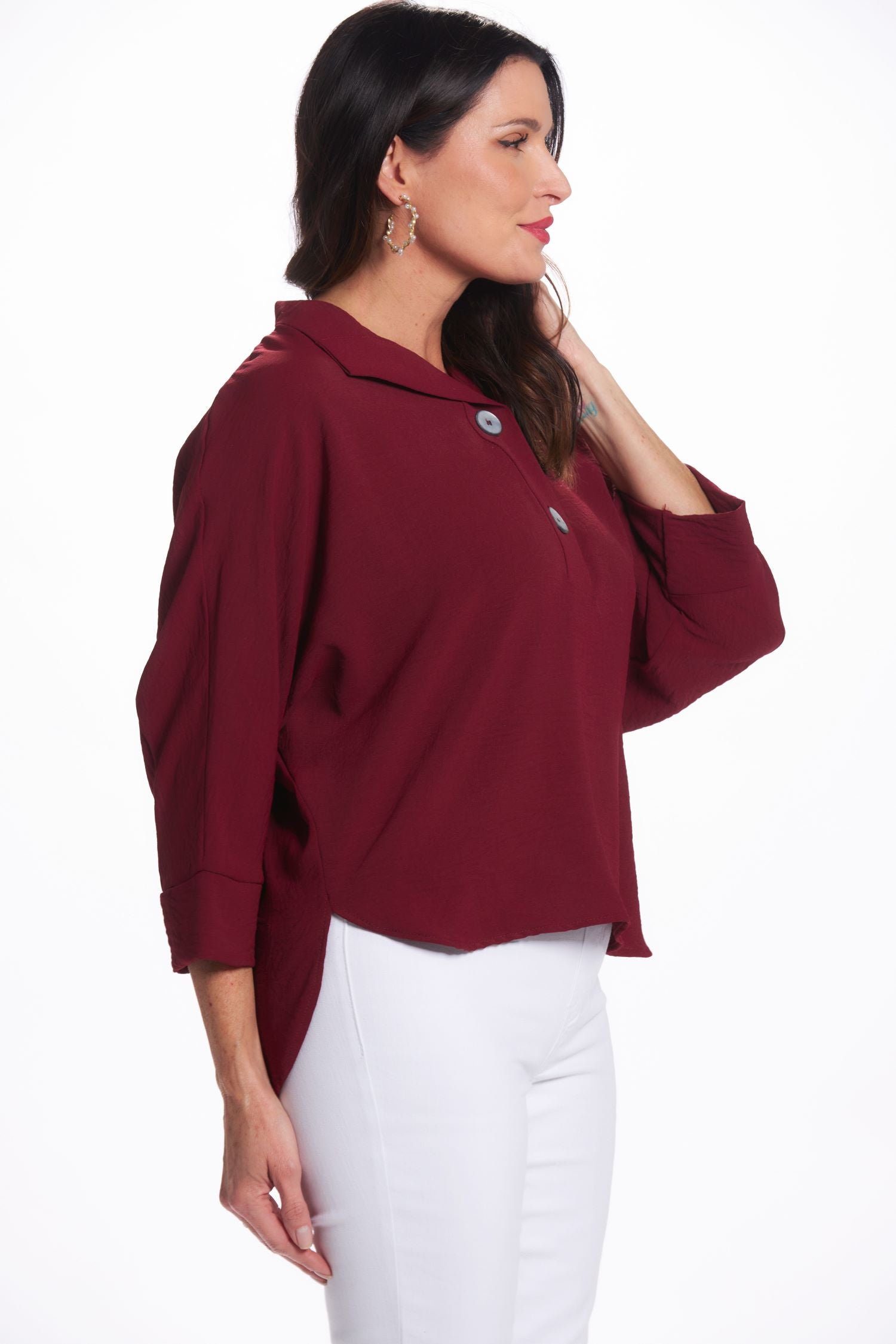 Side image of Air Flow two button top. Burgandy top.