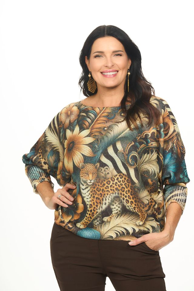 Batwing Beige Flower Animal Sweater