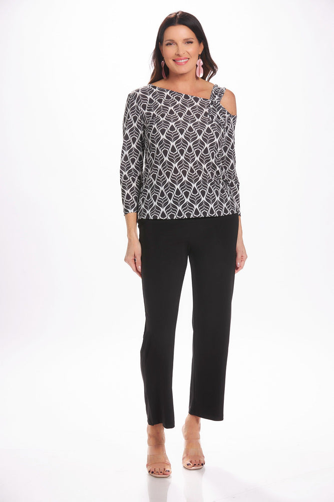 Front image of Mimozza one shoulder top. Black and white feather printed top. 