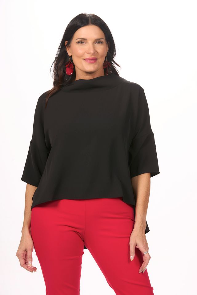 Front image of Suzy D black cowl neck.