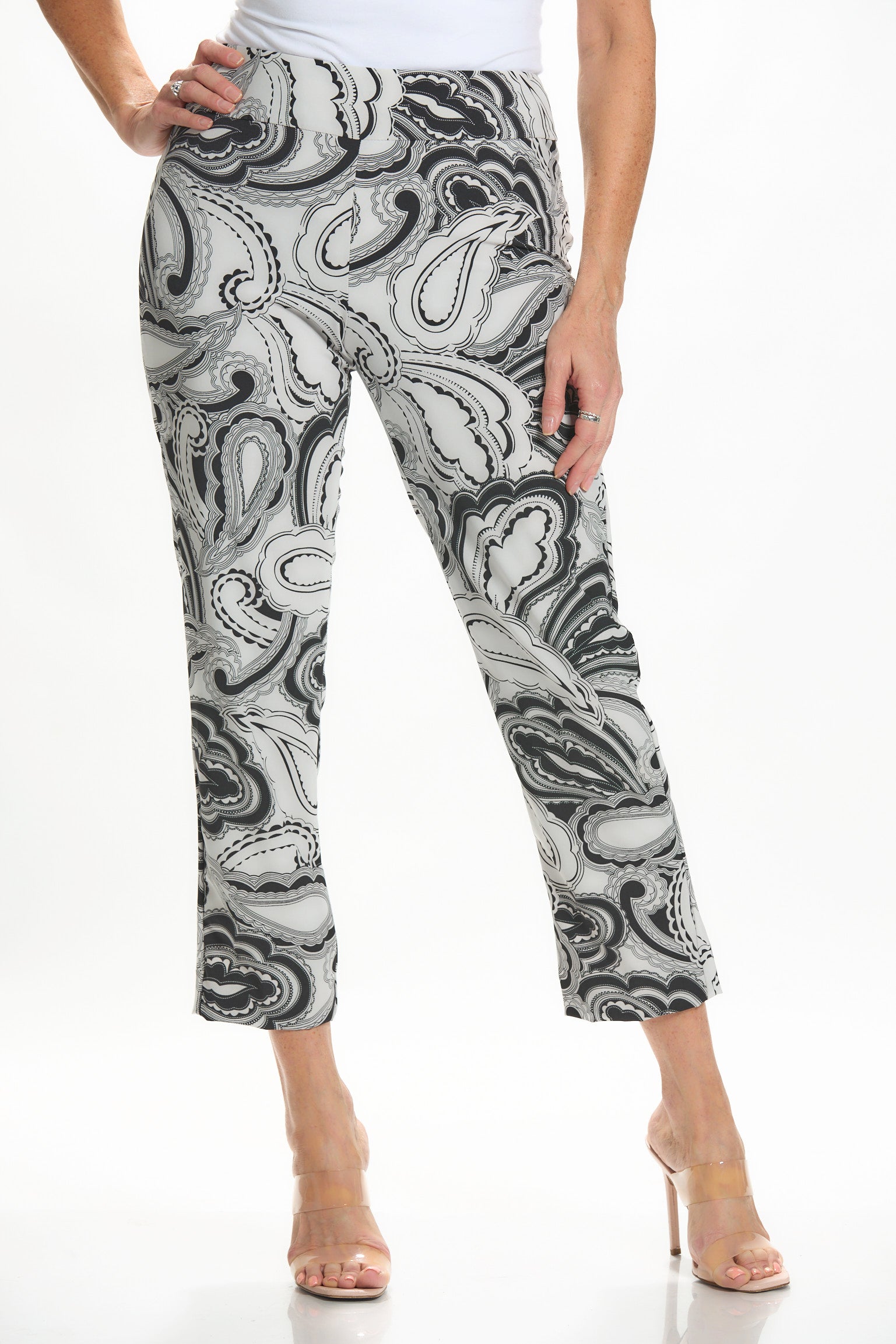 Front image of Krazy Larry printed paisley pants in black and ivory print.