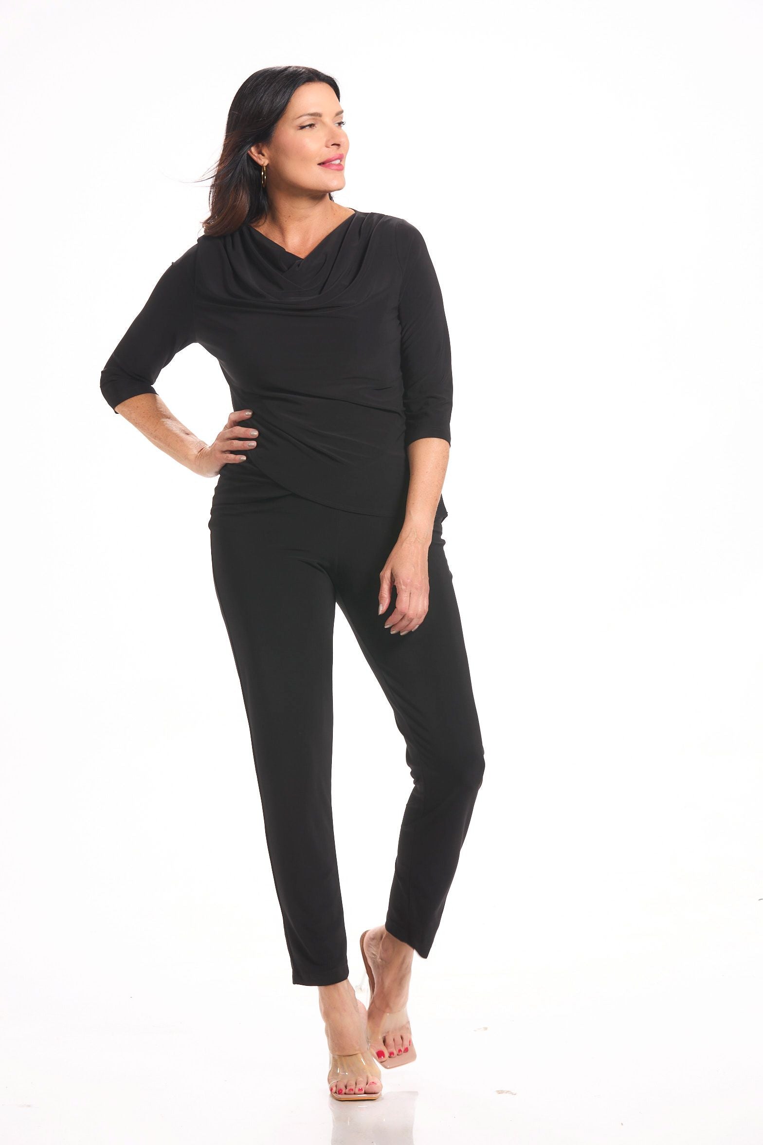 Front image of Picadilly pull on straight leg black pants.