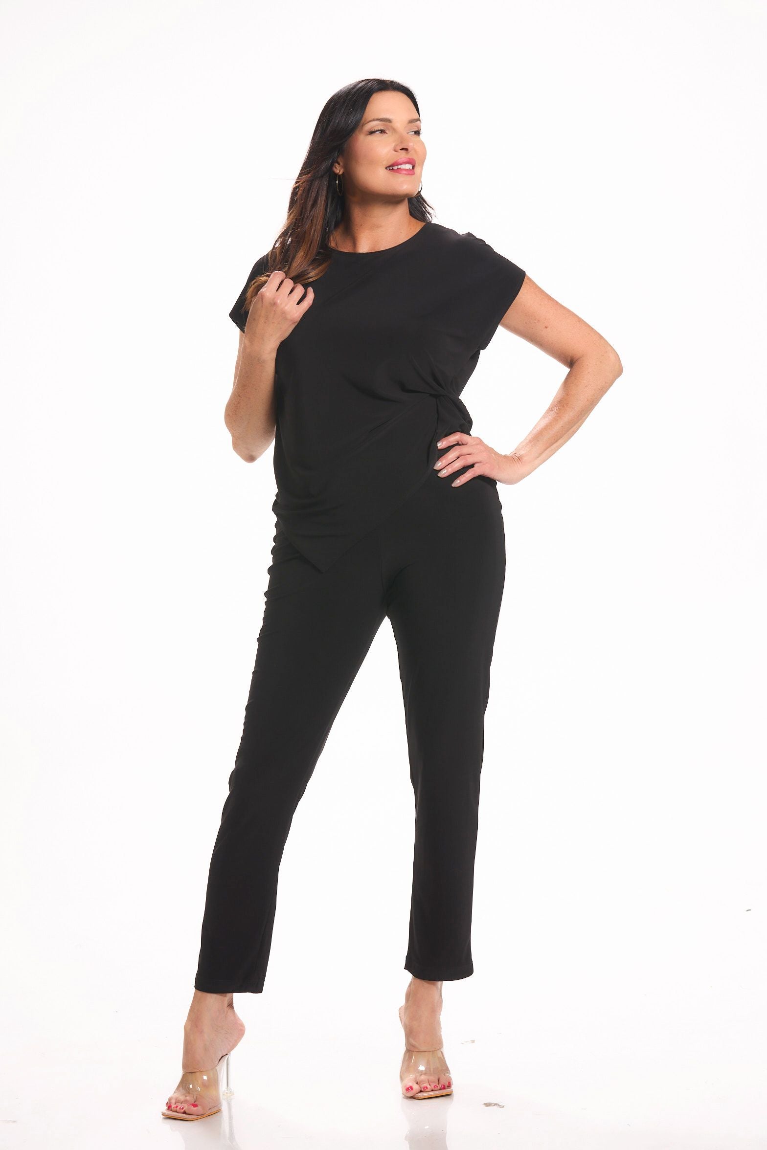 Front image of Picadilly pull on straight leg black pants.