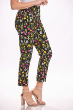 Side image of Krazy Larry black tulips printed pull on pants. 