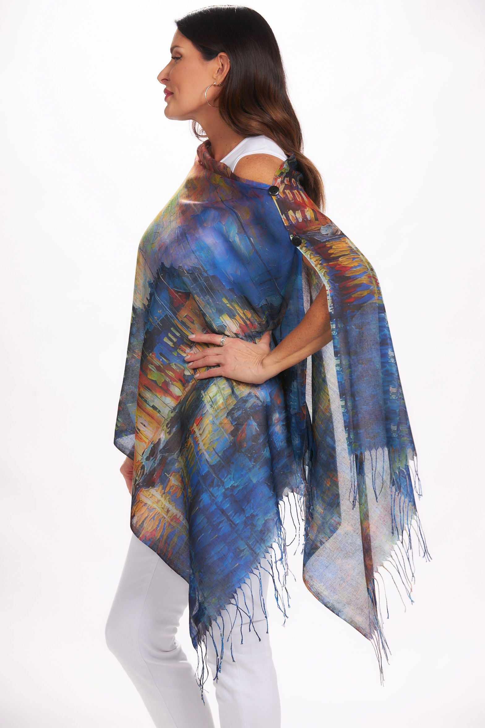 Side image of art design wrap. Yellow and blue printed houses.