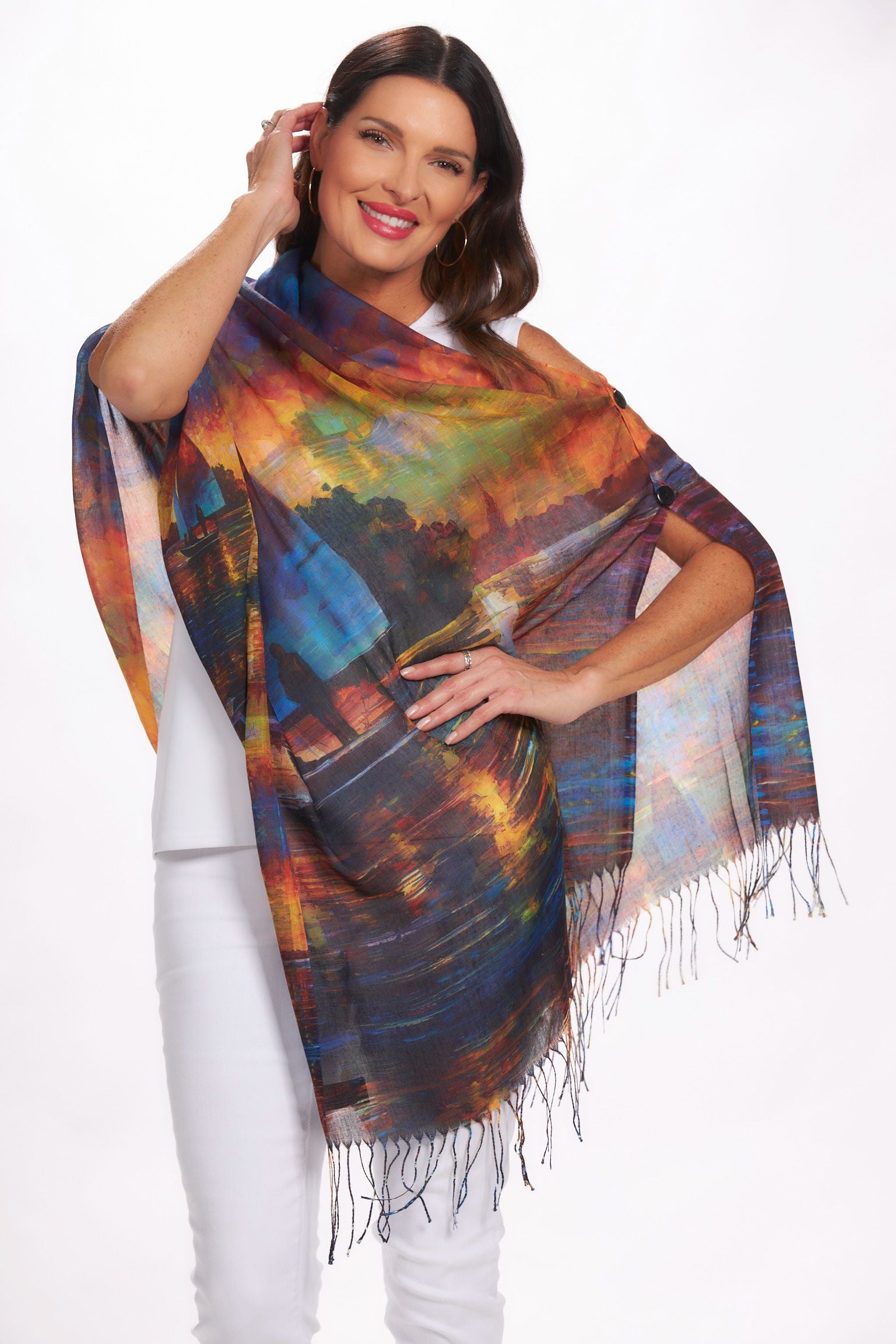 Front image of art design wrap. Sailboat printed shawl.