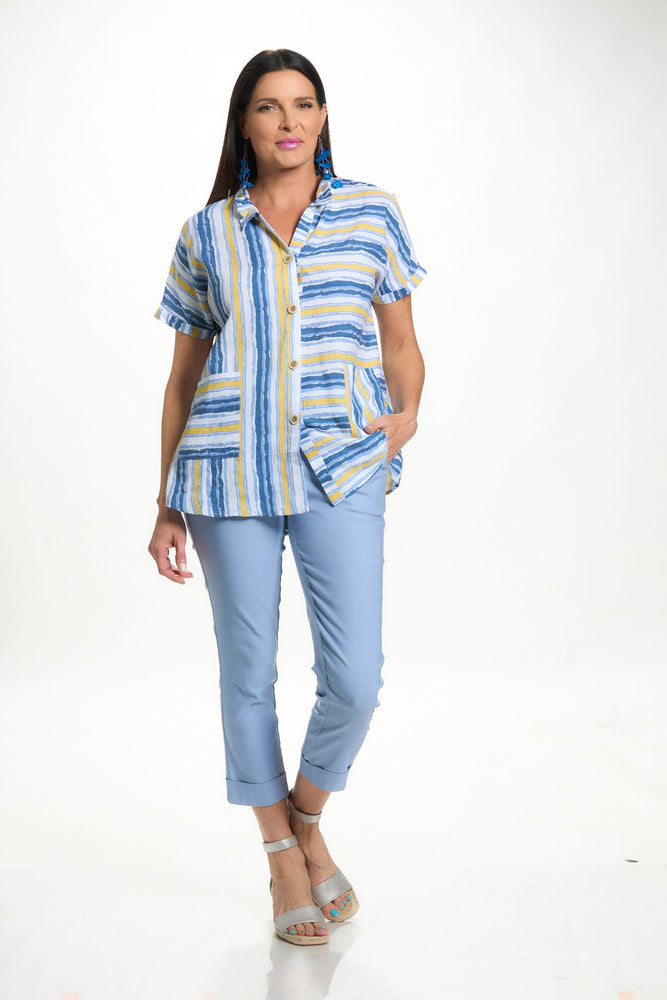 Front image of Fashion Cage wire collar short sleeve top in blue stripe. 